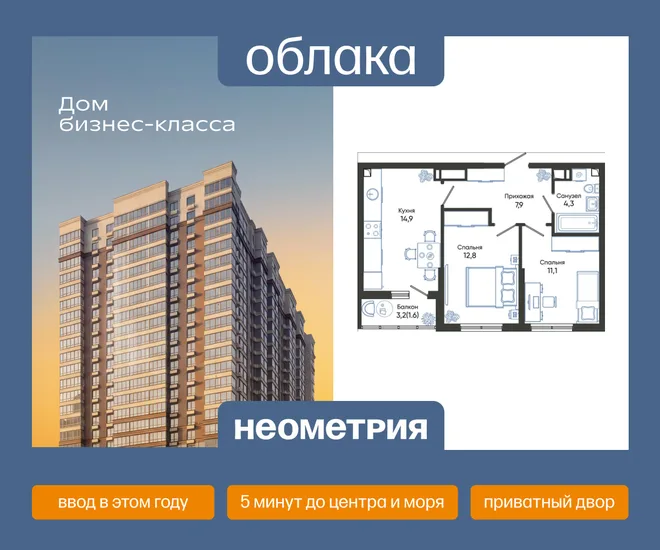 Планировка 2-комн. квартира, 52.6 м² ЖК «Облака»