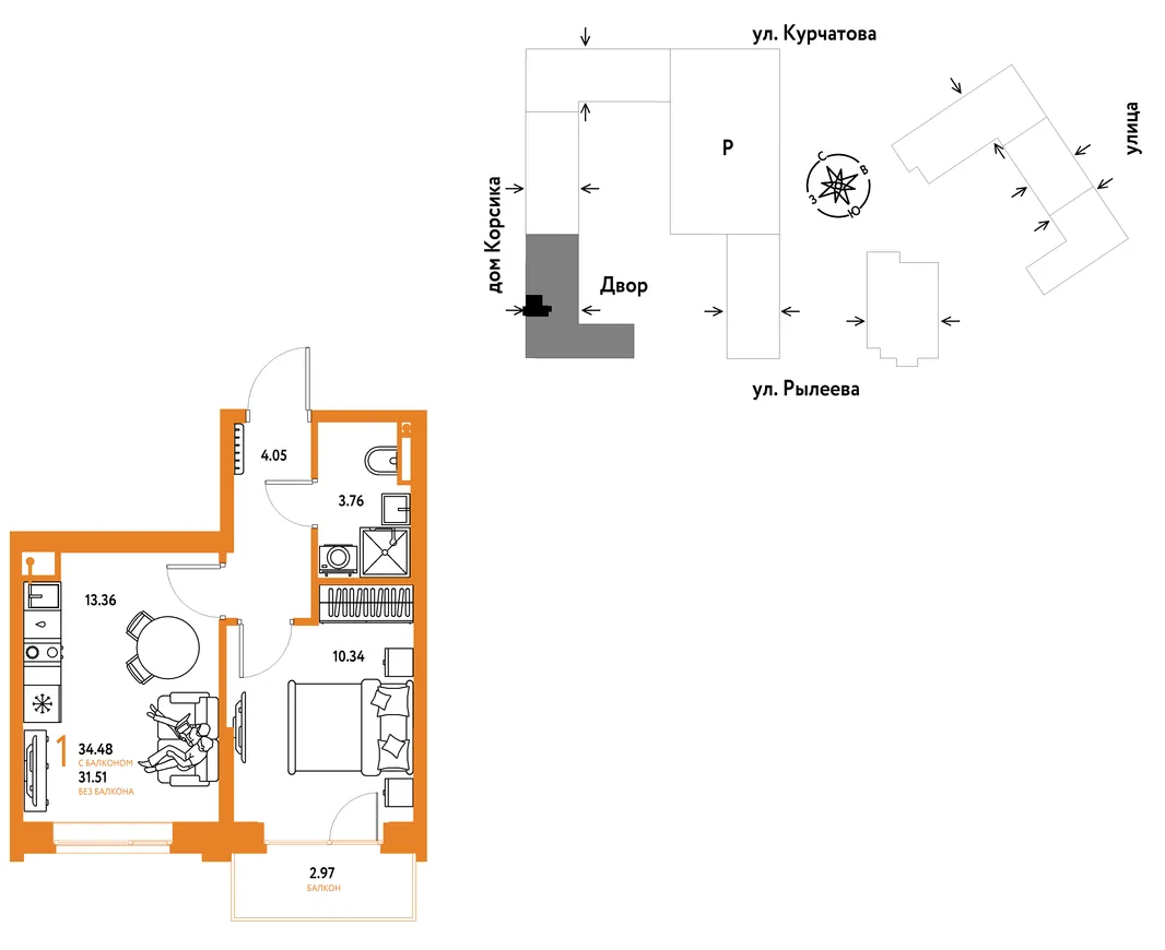 Планировка 1-комн. квартира, 35.02 м² ЖК «Остров-сад»
