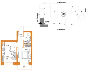 Планировка 1-комн. квартира, 35.02 м² ЖК «Остров-сад»