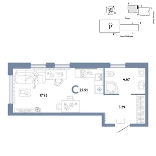 Планировка Студия, 27.91 м² ЖК «Страна.Энтузиастов»