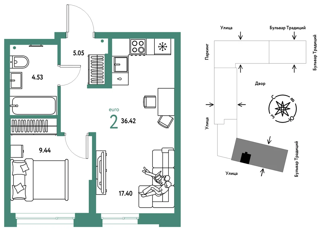Планировка 2-комн. квартира, 36.42 м² ЖК «Микрорайон Домашний»