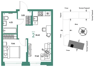 Планировка 2-комн. квартира, 36.42 м² ЖК «Микрорайон Домашний»