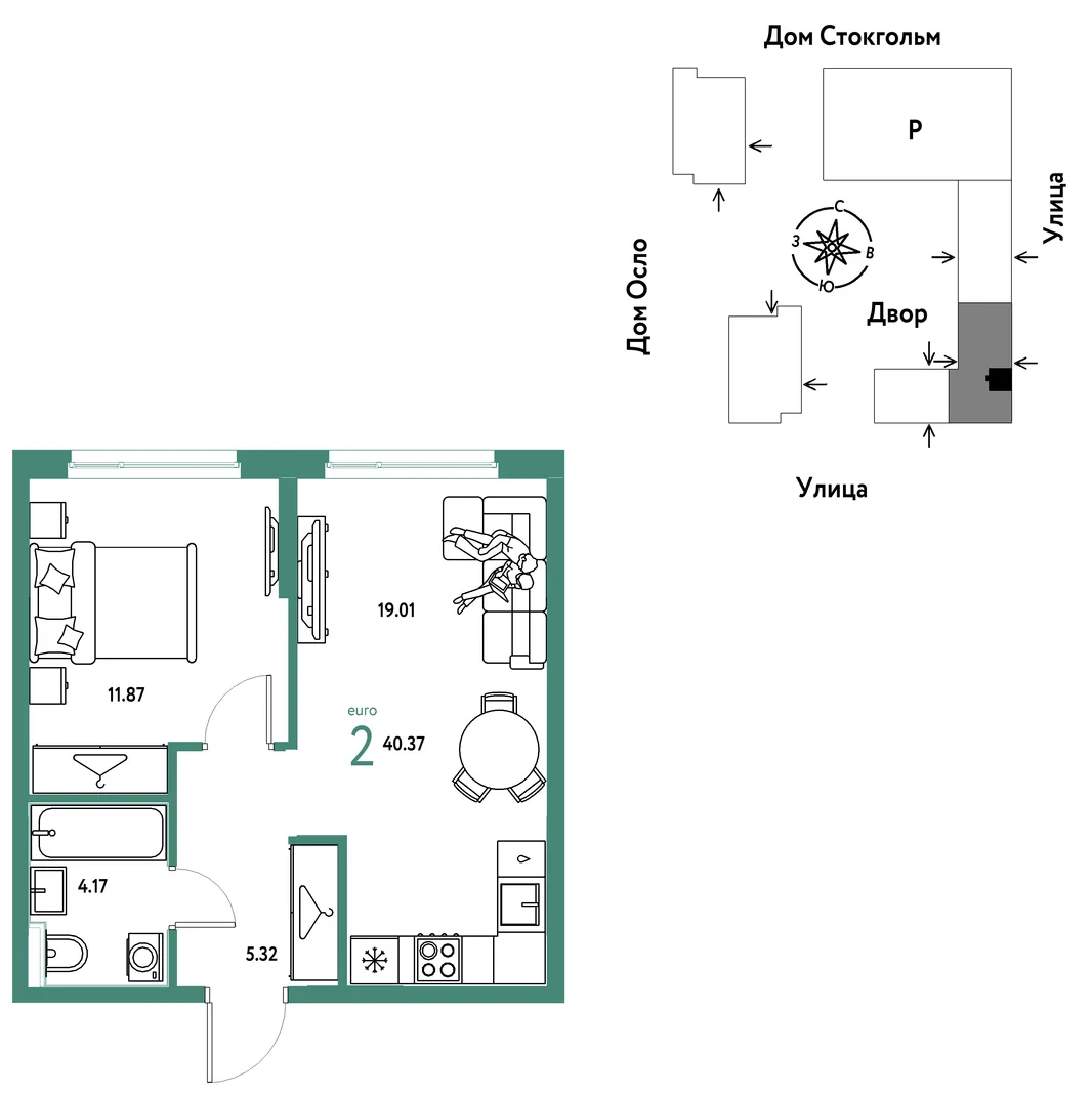 Планировка 2-комн. квартира, 40.37 м² ЖК «Европейский берег 2.0»