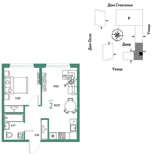 Планировка 2-комн. квартира, 40.37 м² ЖК «Европейский берег 2.0»