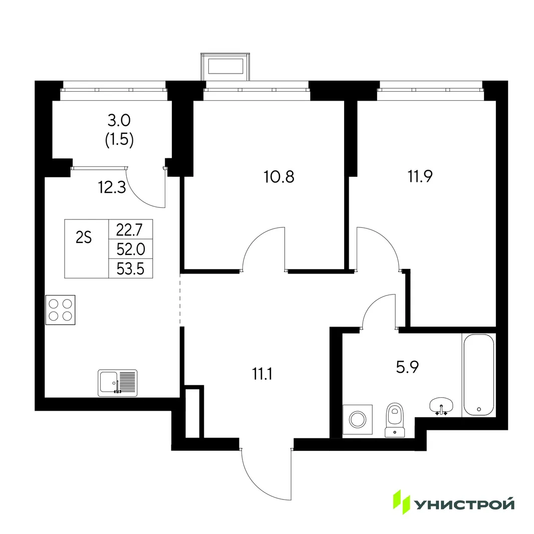 Планировка 2-комн. квартира, 53.5 м² ЖК «Стадиум»