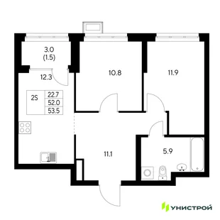 Планировка 2-комн. квартира, 53.5 м² ЖК «Стадиум»