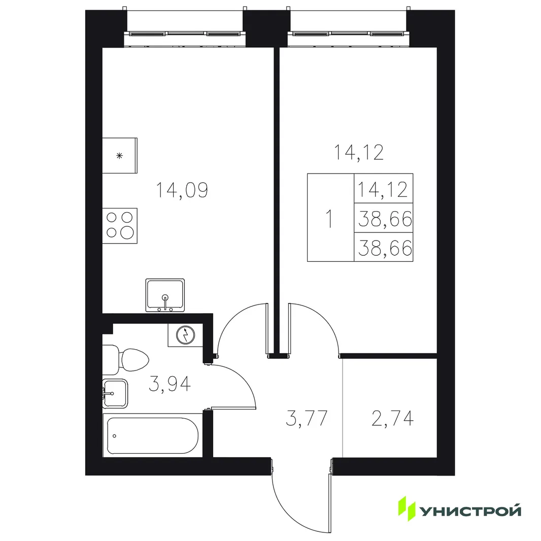 Планировка 1-комн. квартира, 38.66 м² ЖК «Statum»
