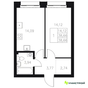 Планировка 1-комн. квартира, 38.66 м² ЖК «Statum»