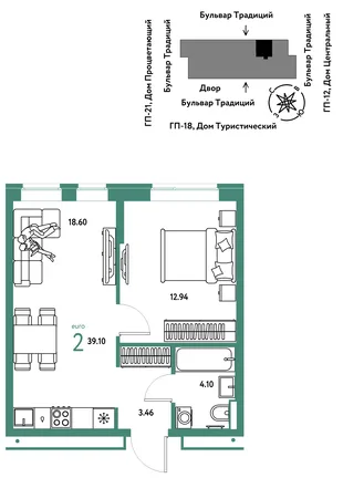 Планировка 2-комн. квартира, 39.1 м² ЖК «Микрорайон Домашний»