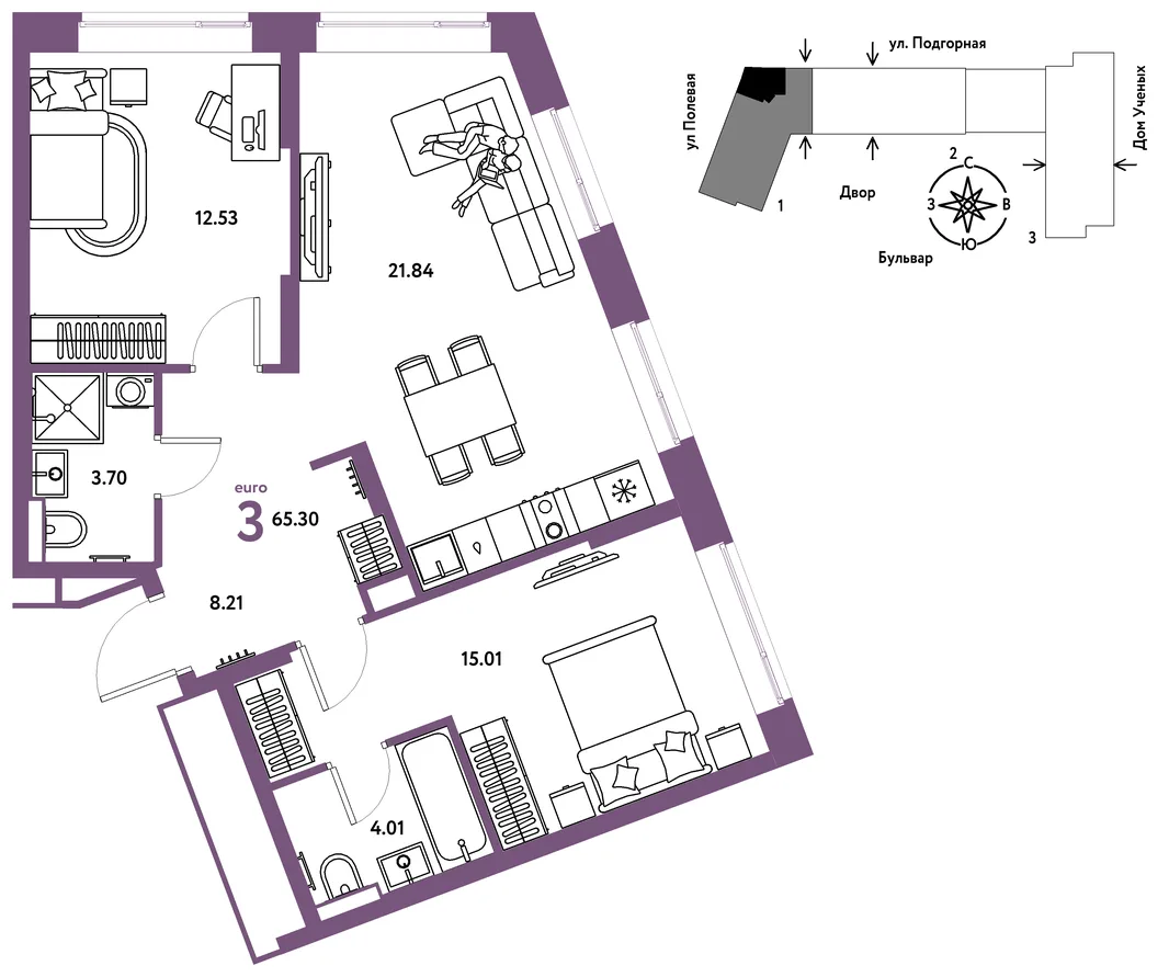 Планировка 3-комн. квартира, 65.47 м² ЖК «Авторский»