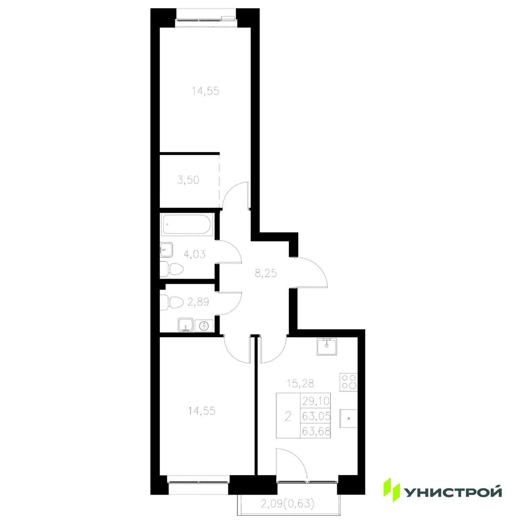 Планировка 2-комн. квартира, 63.68 м² ЖК «Statum»