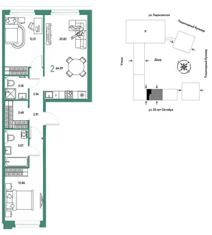Планировка 2-комн. квартира, 64.59 м² ЖК «Сердце Сибири»