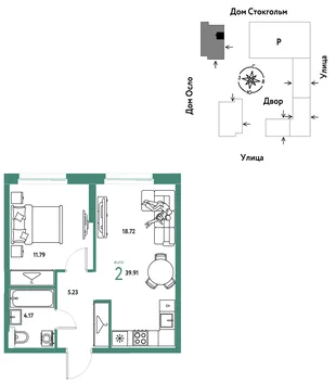 Планировка 2-комн. квартира, 39.91 м² ЖК «Европейский берег 2.0»