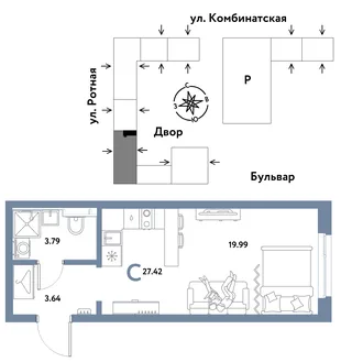 Планировка Студия, 27.42 м² ЖК «Уральский сад»