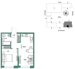 Планировка 2-комн. квартира, 38.8 м² ЖК «Остров-сад»