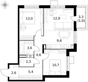 Квартира 3-комн. квартира, 64.8 м² ЖК «1-й Саларьевский» Фото 1 Квартира 3-комн. квартира, 64.8 м² ЖК «1-й Саларьевский» Фото 1
