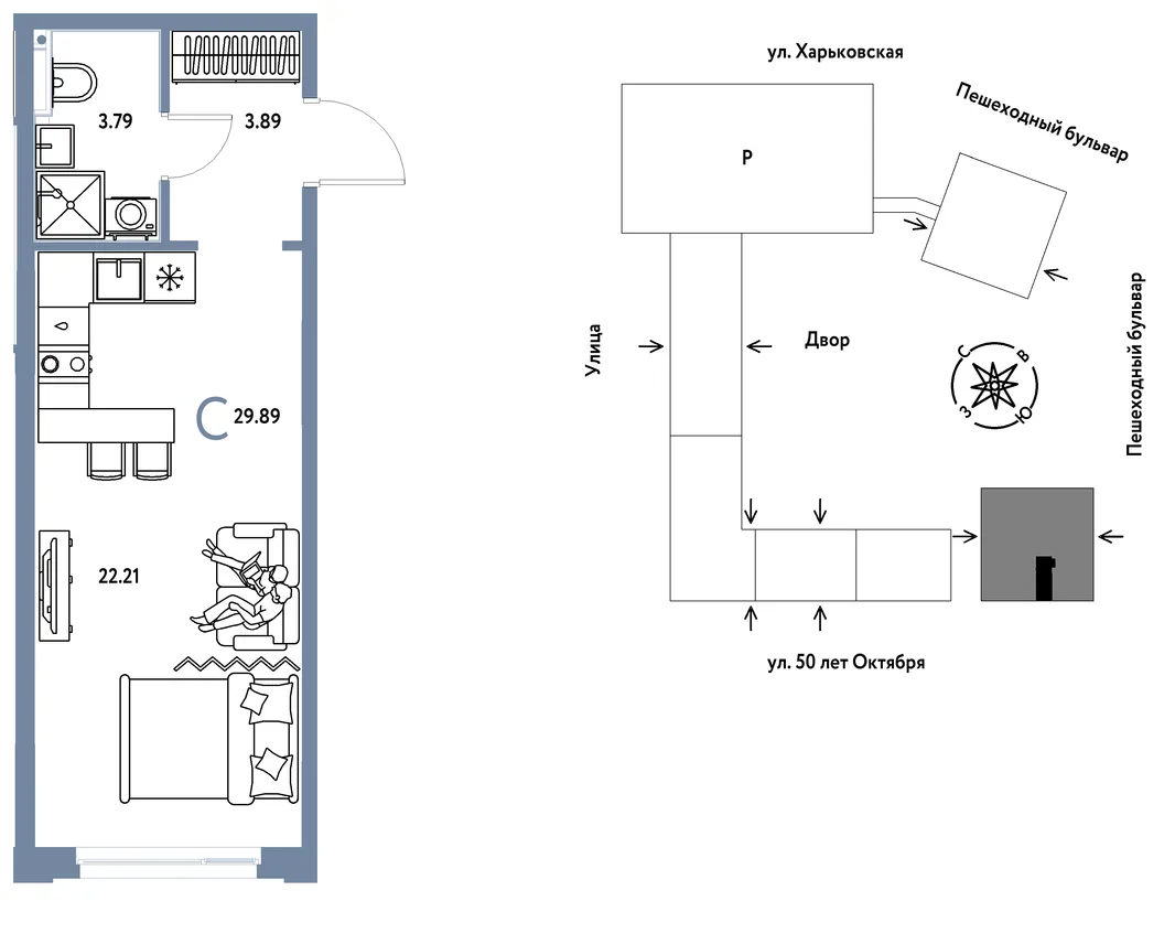 Планировка Студия, 29.89 м² ЖК «Сердце Сибири»