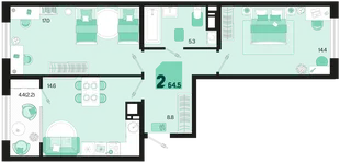 Планировка 2-комн. квартира, 64.5 м² ЖК «Первое место»