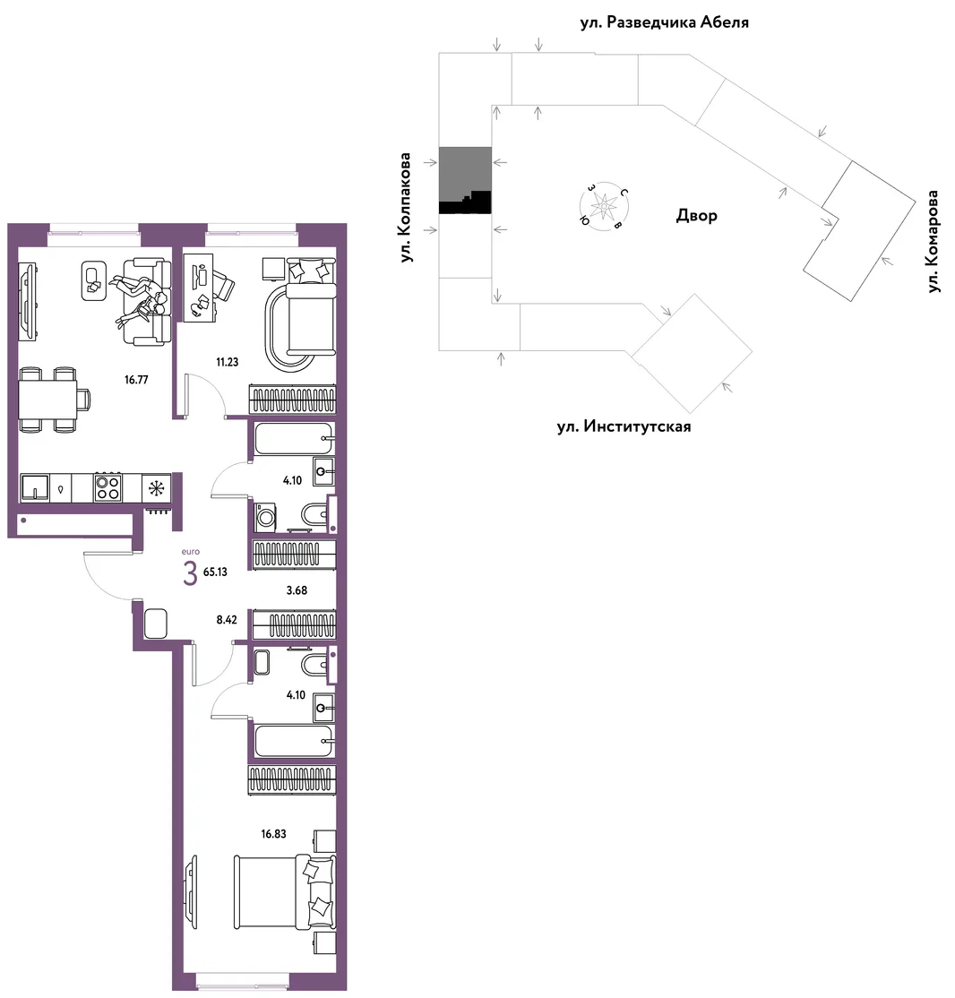 Планировка 3-комн. квартира, 65.13 м² ЖК «Страна.Парковая»