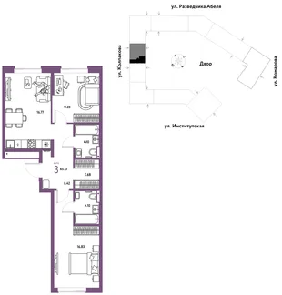 Планировка 3-комн. квартира, 65.13 м² ЖК «Страна.Парковая»