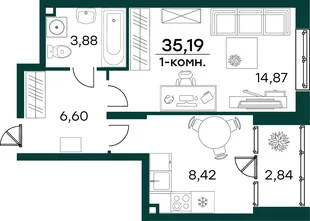 Квартира 1-комн. квартира, 35.19 м² ЖК «Аквамарин 2» Фото 2 Квартира 1-комн. квартира, 35.19 м² ЖК «Аквамарин 2» Фото 2