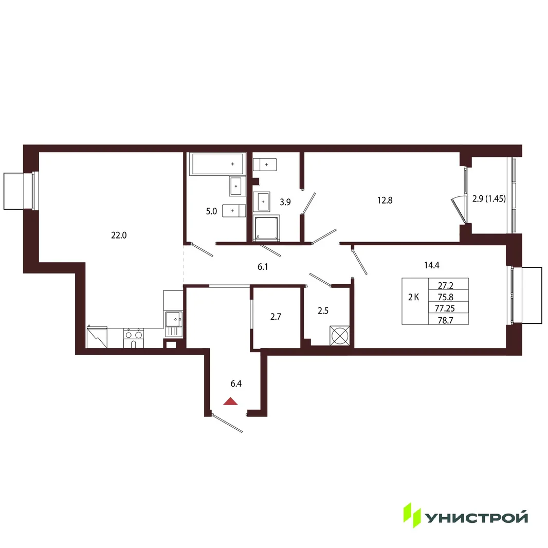 Планировка 2-комн. квартира, 77.25 м² ЖК «Лисино»