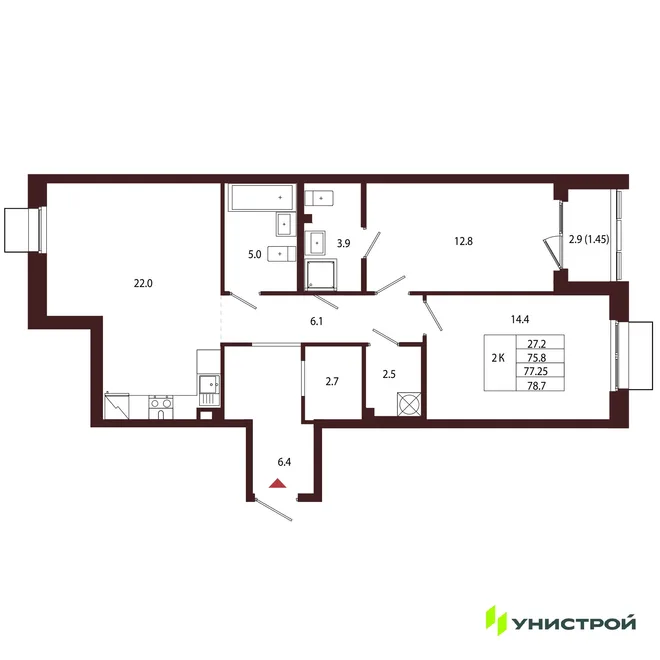 Планировка 2-комн. квартира, 77.25 м² ЖК «Лисино» Планировка 2-комн. квартира, 77.25 м² ЖК «Лисино»