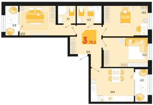 Планировка 3-комн. квартира, 79.2 м² ЖК «Первое место»