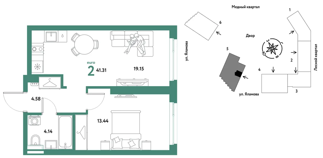 Планировка 2-комн. квартира, 41.31 м² ЖК «Сибирский сад»
