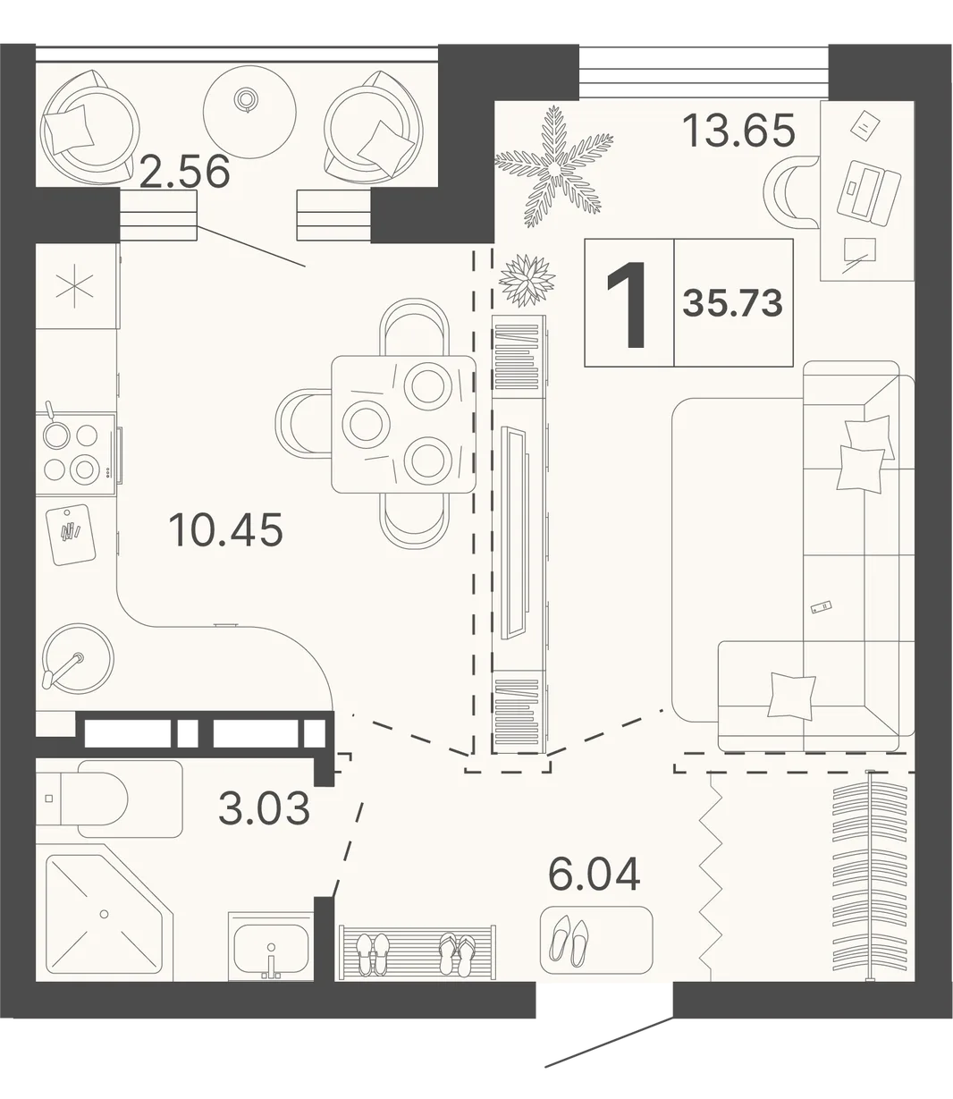 Планировка 1-комн. квартира, 35.73 м² ЖК «Светский лес»