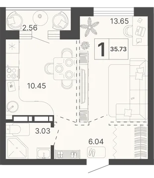 Планировка 1-комн. квартира, 35.73 м² ЖК «Светский лес»