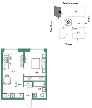 Планировка 2-комн. квартира, 37.21 м² ЖК «Европейский берег 2.0»