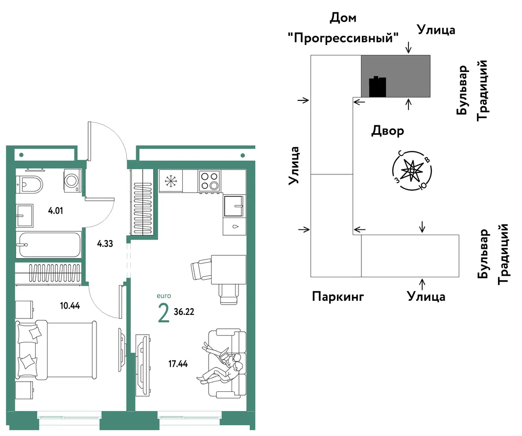 Планировка 2-комн. квартира, 36.22 м² ЖК «Микрорайон Домашний»