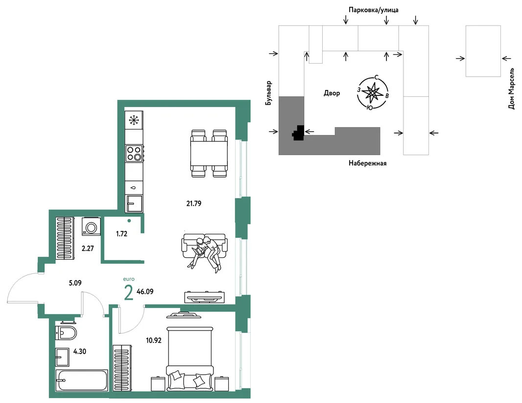 Планировка 2-комн. квартира, 46.09 м² ЖК «Европейский берег 2.0»