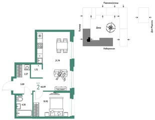 Планировка 2-комн. квартира, 46.09 м² ЖК «Европейский берег 2.0»
