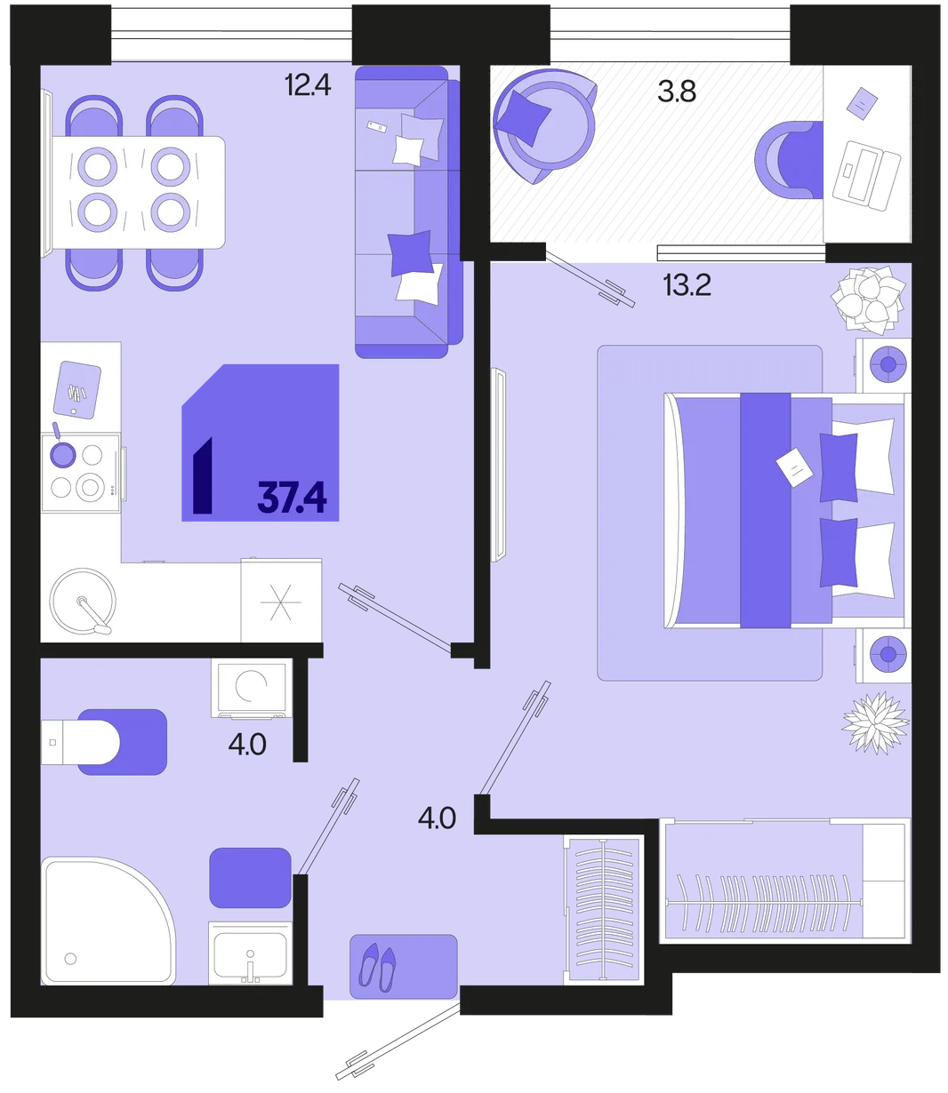 Планировка 1-комн. квартира, 37.4 м² ЖК «Первое место»