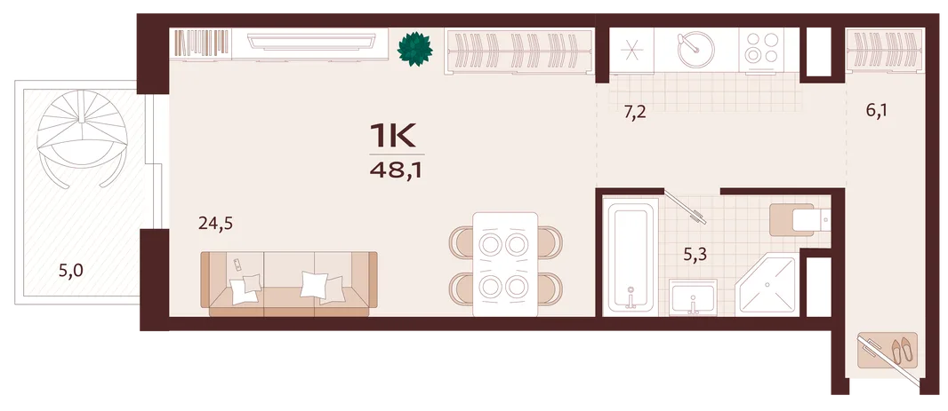 Планировка 1-комн. квартира, 48.1 м² ЖК «Роялта»
