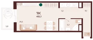 Планировка 1-комн. квартира, 48.1 м² ЖК «Роялта»