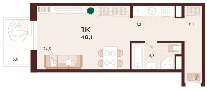 Планировка 1-комн. квартира, 48.1 м² ЖК «Роялта» Планировка 1-комн. квартира, 48.1 м² ЖК «Роялта»