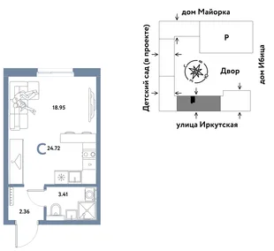 Планировка Студия, 24.72 м² ЖК «Остров-сад»
