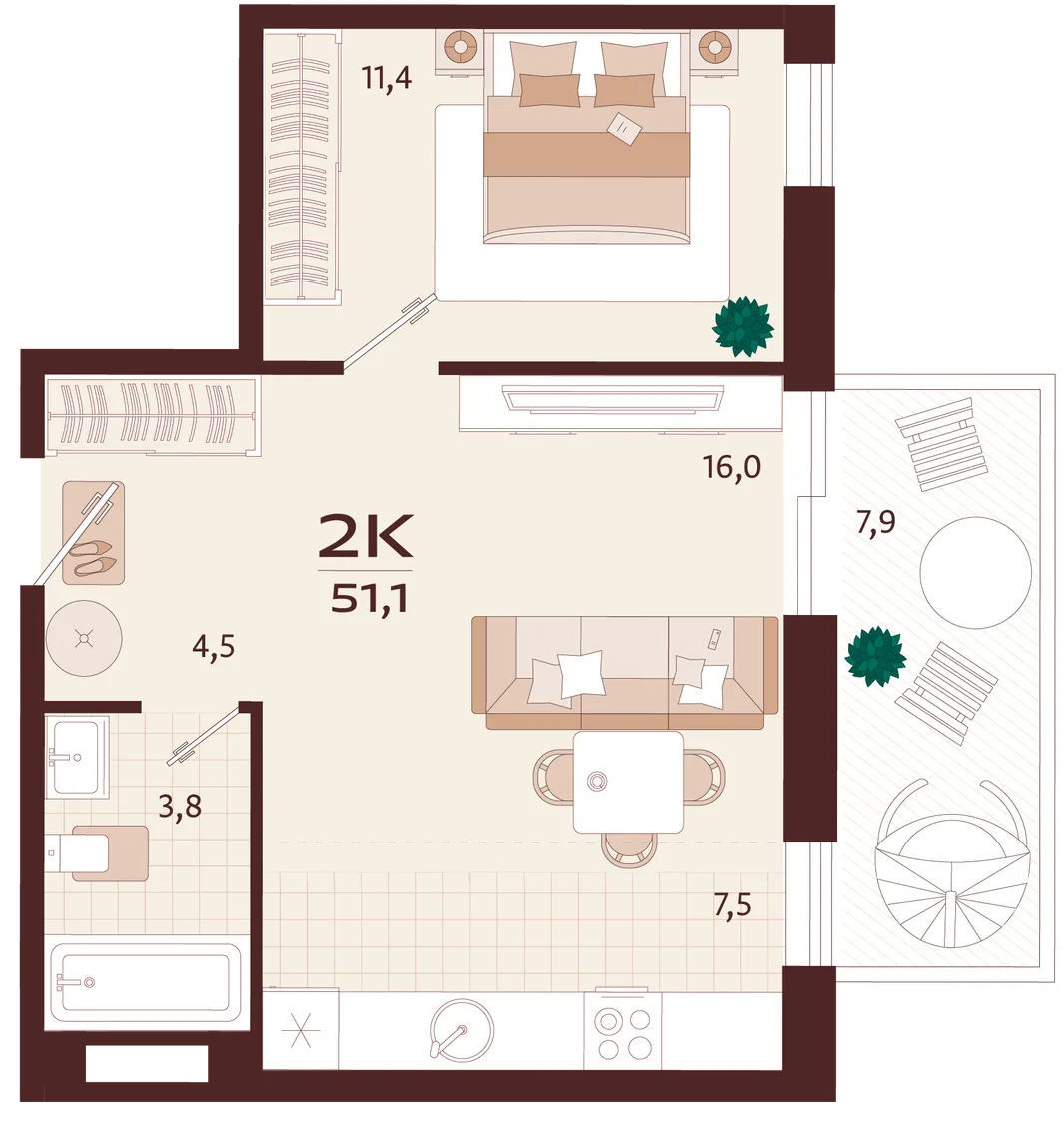 Планировка 2-комн. квартира, 51.1 м² ЖК «Роялта»