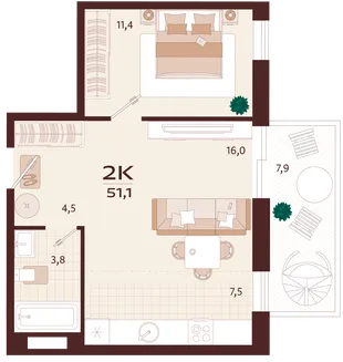 Планировка 2-комн. квартира, 51.1 м² ЖК «Роялта»