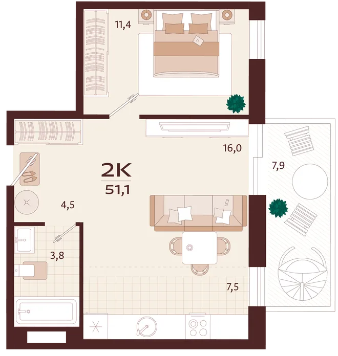 Планировка 2-комн. квартира, 51.1 м² ЖК «Роялта» Планировка 2-комн. квартира, 51.1 м² ЖК «Роялта»