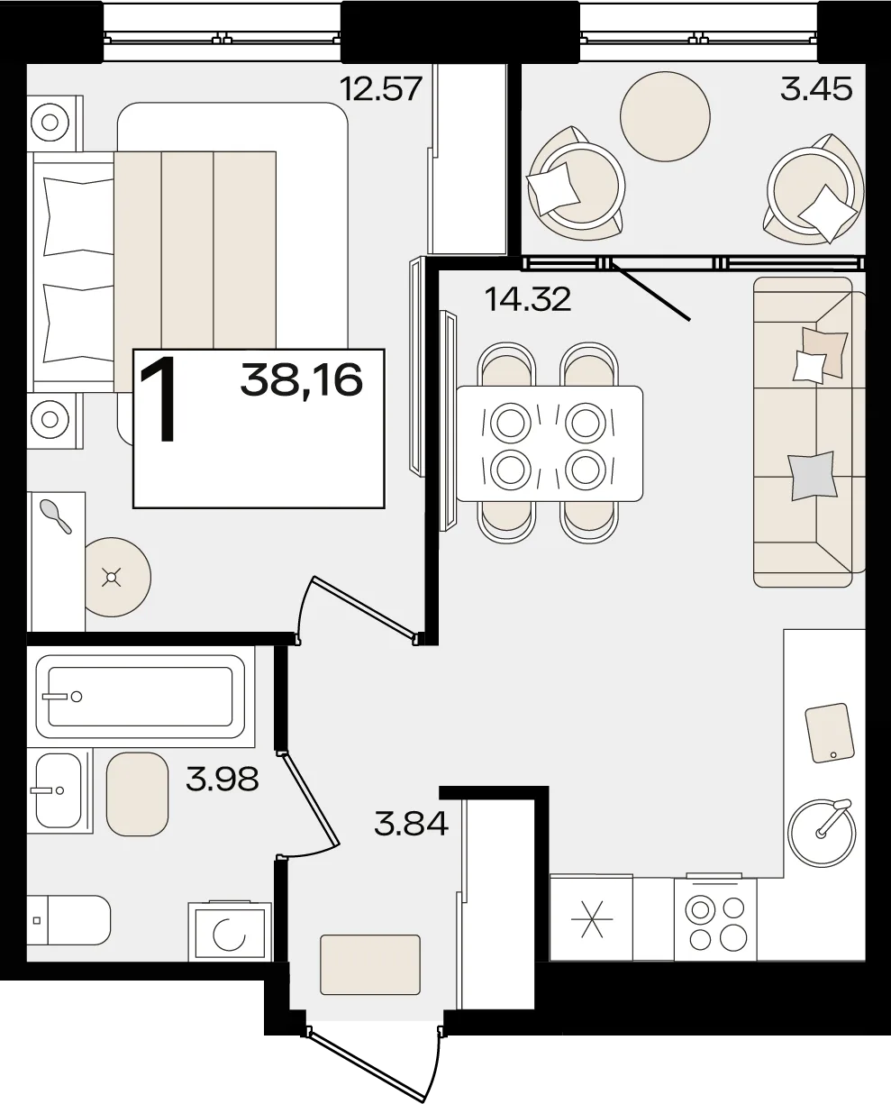Планировка 1-комн. квартира, 38.16 м² ЖК «Патрики»
