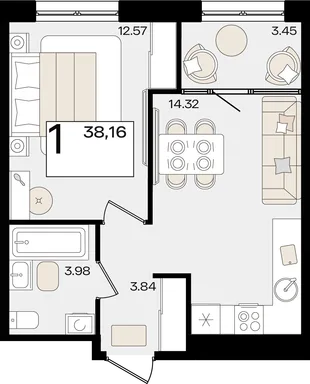 Планировка 1-комн. квартира, 38.16 м² ЖК «Патрики»