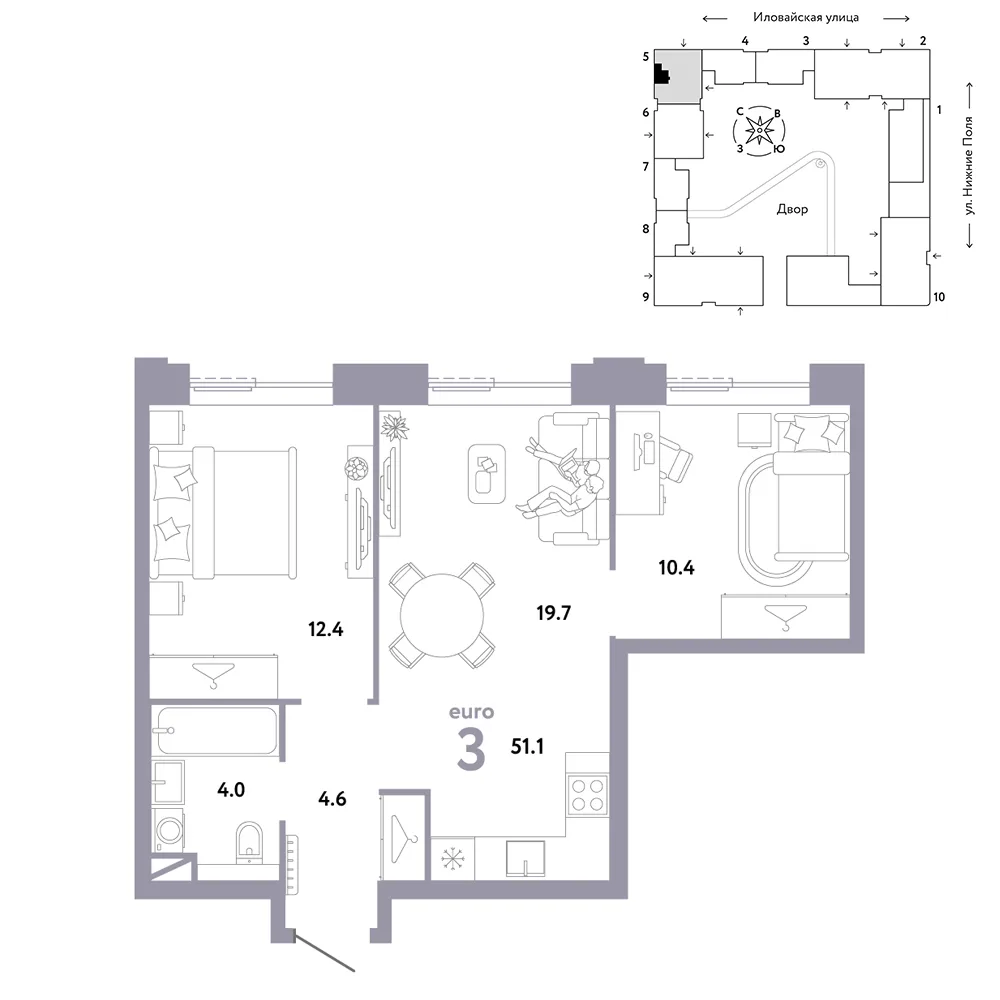 Планировка 3-комн. квартира, 51.1 м² ЖК «Страна.Заречная»
