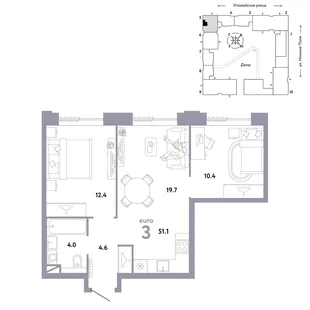 Планировка 3-комн. квартира, 51.1 м² ЖК «Страна.Заречная»