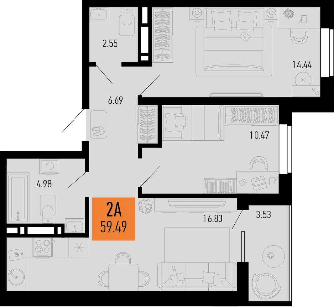 Планировка 2-комн. квартира, 59.49 м² ЖК «Столицыно»