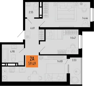Планировка 2-комн. квартира, 59.49 м² ЖК «Столицыно»
