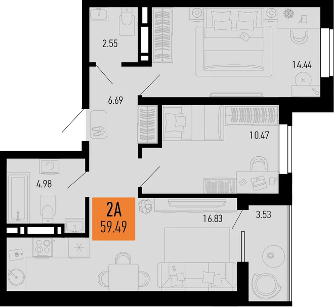 Планировка 2-комн. квартира, 59.49 м² ЖК «Столицыно» Планировка 2-комн. квартира, 59.49 м² ЖК «Столицыно»